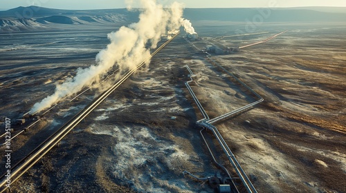 An aerial view of a geothermal field showing a series of wellheads connected by pipelines, which transport steam and hot water to a nearby power station. 