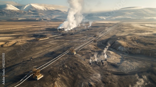 An aerial view of a geothermal field showing a series of wellheads connected by pipelines, which transport steam and hot water to a nearby power station.