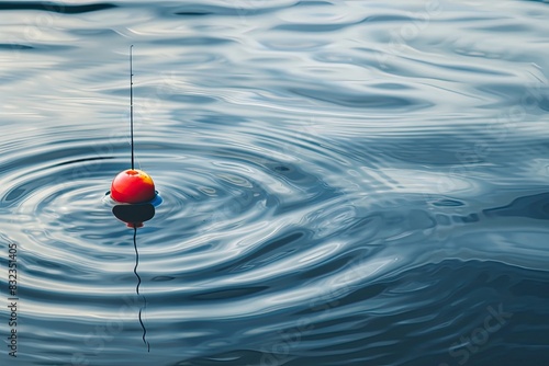 a image of a red and yellow fishing float floating in a body of water
