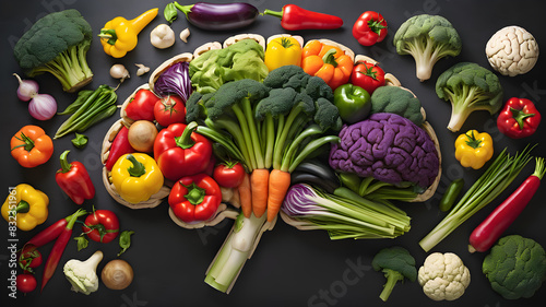 Human brain made of variety of colorful vegetables, concept of vegetarian, vegan, healthy nutrition, Generative AI