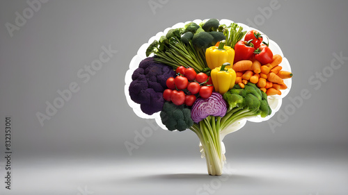 Human brain made of variety of colorful vegetables, concept of vegetarian, vegan, healthy nutrition, Generative AI