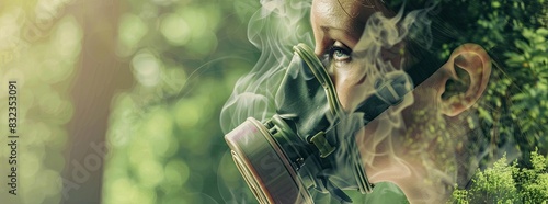 A person wearing a gas mask in a polluted area, contrasted with a person breathing easily in a green, clean environment.