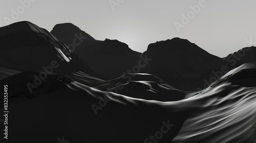 Evening shadows in valleys e-book cover flat design side view peaceful solitude theme 3D render black and white