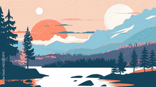 Summit lake panorama flat design side view photography hotspot theme cartoon drawing Split-complementary color scheme