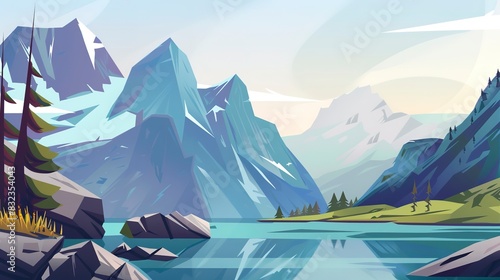 Summit lake panorama flat design side view photography hotspot theme cartoon drawing Split-complementary color scheme 