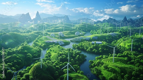 An artistic rendering of Earth where traditional energy sources are replaced with green, lush plant life and renewable energy structures, such as wind turbines 