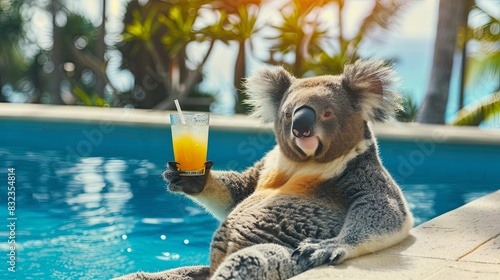 koala, lounging with a refreshing cocktail by a sparkling pool