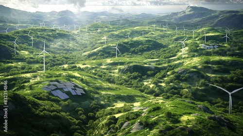 An artistic rendering of Earth where traditional energy sources are replaced with green, lush plant life and renewable energy structures, such as wind turbines 