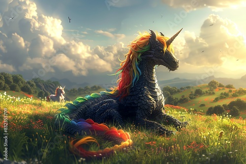 A majestic black unicorn with a rainbow mane and tail lies in a field of flowers.