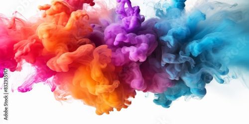 Colorful smoke explosion on white background, rainbow gradient colorful ink smoke