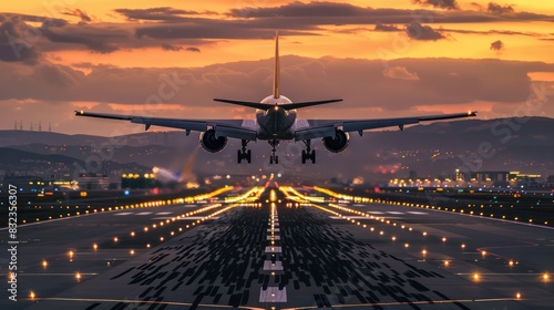 A large jetliner taking off from an airport runway at sunset or dawn with the landing gear down and the landing gear down, as the plane is about to take off. 