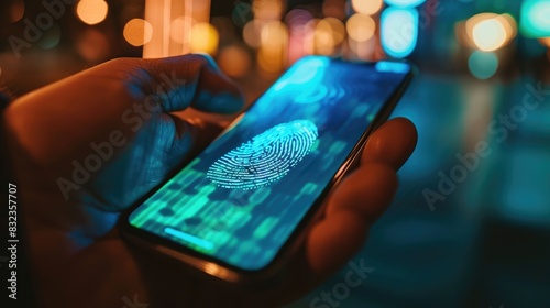 Close-up of a secure online transaction being authenticated with biometric data, illustrator style, fingerprint on a smartphone.