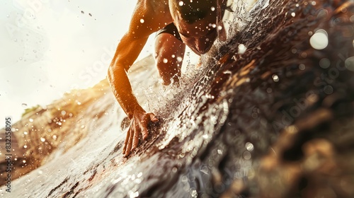 A powerful scene of close-up photo of an person overcoming obstacles, with dynamic action and a sense of triumph.