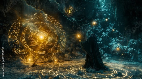 A powerful sorcerer casting a spell in a dark, mysterious cave with glowing runes and close-up photo of an magical artifacts.