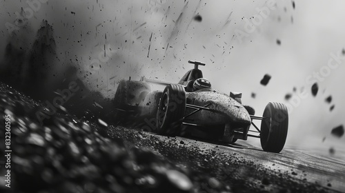 Race car skids off track into gravel, leaving tire marks and dust cloud behind in detailed minimal view, Created with Generative AI.