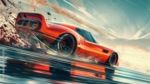 Detailed vector illustration of a race car losing control on a racetrack, with tire marks and dust swirling in the air, Created with Generative AI.