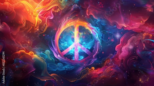 Peace and Love on a colorful background, in the style of creative commons attribution, kerem beyit, performance, radiant clusters, interactive experiences, nightcore, troubadour style