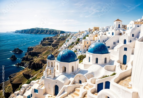 A picturesque view of the white-washed buildings and blue-domed churches of Oia, a town on the island of Santorini, Greece, overlooking the stunning Aegean Sea and dramatic cliffs