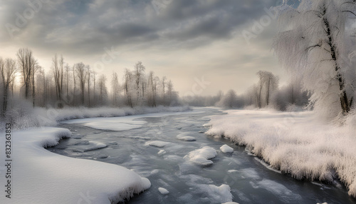 Landscape with frozen water river