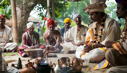A serene scene of a cultural ritual, with traditional attire, symbolic items, and a sense of reverence.