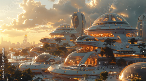 A futuristic cityscape with domed buildings and flying vehicles at sunset