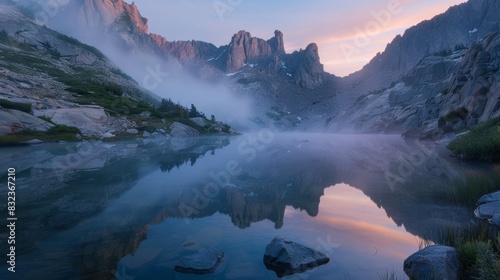 Serene mountain lake at dawn, mist rising and reflecting towering peaks, creating a tranquil scene of solitude and beauty, Created with Generative AI.