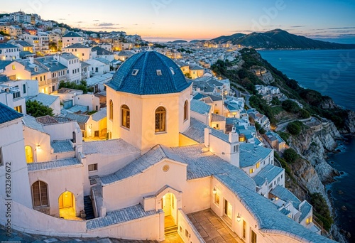 A picturesque view of the town of Oia on the Greek island of Santorini at (sunset; The town is built on a hillside overlooking the Aegean Sea, with its iconic white buildings and blue-domed churches; 