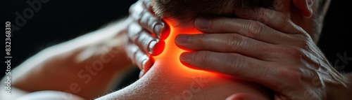 Muscular discomfort closeup Intense closeup of a man with his hand on his aching neck, emphasizing the pain with a red glow, ideal for physiotherapy ads