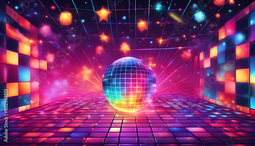 Disco dance floor. Retro party scene with LED squares grid glowing floor, disco ball and starry night sky vector background illustration. Neon colorful tiles, rainbow shining ball for dj event