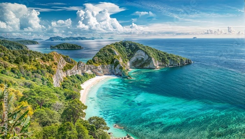 A tropical beach with crystal clear turquoise waters, surrounded by lush green hills and rocky cliffs.