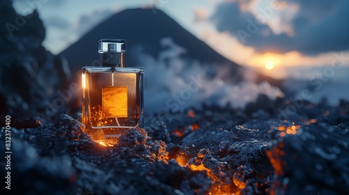The perfume in the bottle stands against the backdrop of a smoking volcano