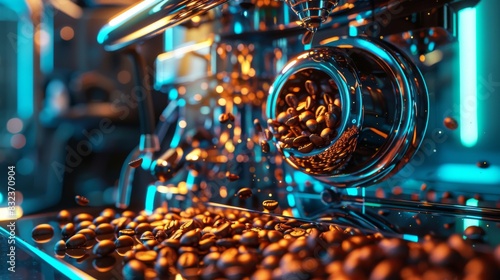 Close-up of roasted coffee beans in a metal container