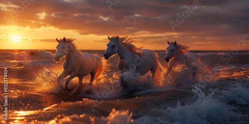 some white horses running on the beach at sunset, splashing in the water