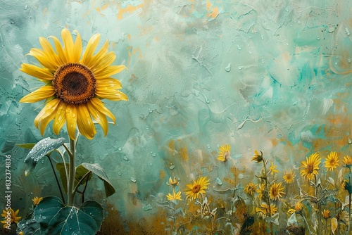 Majestic Sunflower Meadow with Dewy Petals, Creating a Copy Space