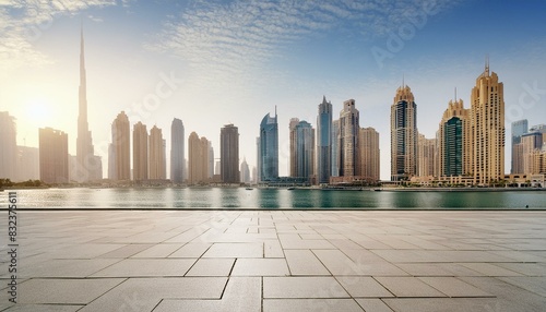 Empty square floor and city skyline with building background. Dubai