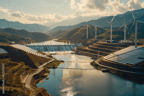 Breathtaking views of renewable energy infrastructure showcasing solar, wind, and hydro power integration in action