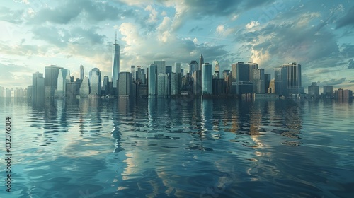 A thought-provoking illustration depicting a city skyline submerged in rising sea levels, with only the tops of skyscrapers visible above the water