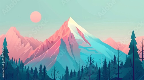Illustration of a majestic mountain range with vibrant pink and blue hues, featuring a sun setting in the sky and trees in the foreground.