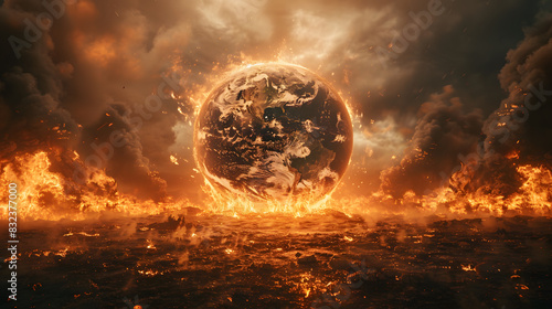 earth globe collapse burning destroyed by fire conceptual illustration of global warming caused by the excesses of the world of finance and industry .illustration stock image