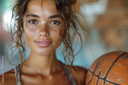 A sporty woman with natural windblown hair and freckles poses with a basketball indoors