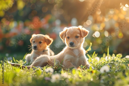 Lovely puppies romping around in a sun-drenched garden.