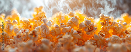 Freshly popped popcorn in the air.