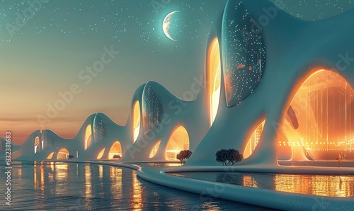 Futuristic buildings with seamless organic shapes and bioluminescent features, glowing softly, digital art, innovative and ethereal,