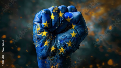 closed fist raised with the flag of the European Union in high resolution and quality