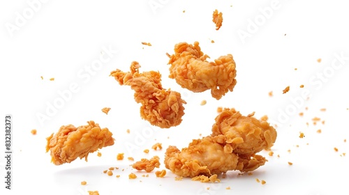 Crispy fried chicken falling apart isolated on white background