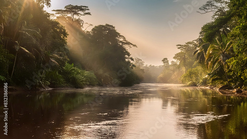 Sunrise over Amazon rainforest river. landscape wallpaper. Generative ai
