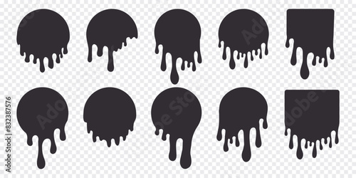 Melt circle stickers paint drip , round label, splash with drops, liquid shape graffiti blob stickers, stain isolated on background. Flowing fluid, slime or cream