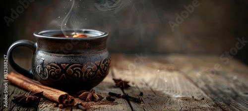 Steaming Mug of Spiced Chai Tea with Cinnamon Sticks and Star Anise