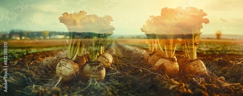 Field of sugar beets in golden sunset light depicting agriculture landscape with fresh organic root vegetables ready for harvest.