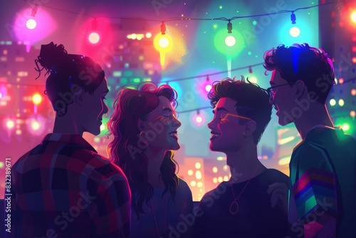 Animated diverse young adults celebrating pride at night. Vibrant neon lights, rainbow decorations, joyful expressions. Unity and love highlighted in this lively and colorful celebration LGBTQ pride.